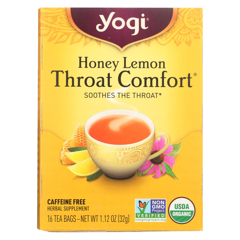 Yogi Throat Comfort Herbal Tea Caffeine Free Honey Lemon - 16 Tea Bags - Case Of 6